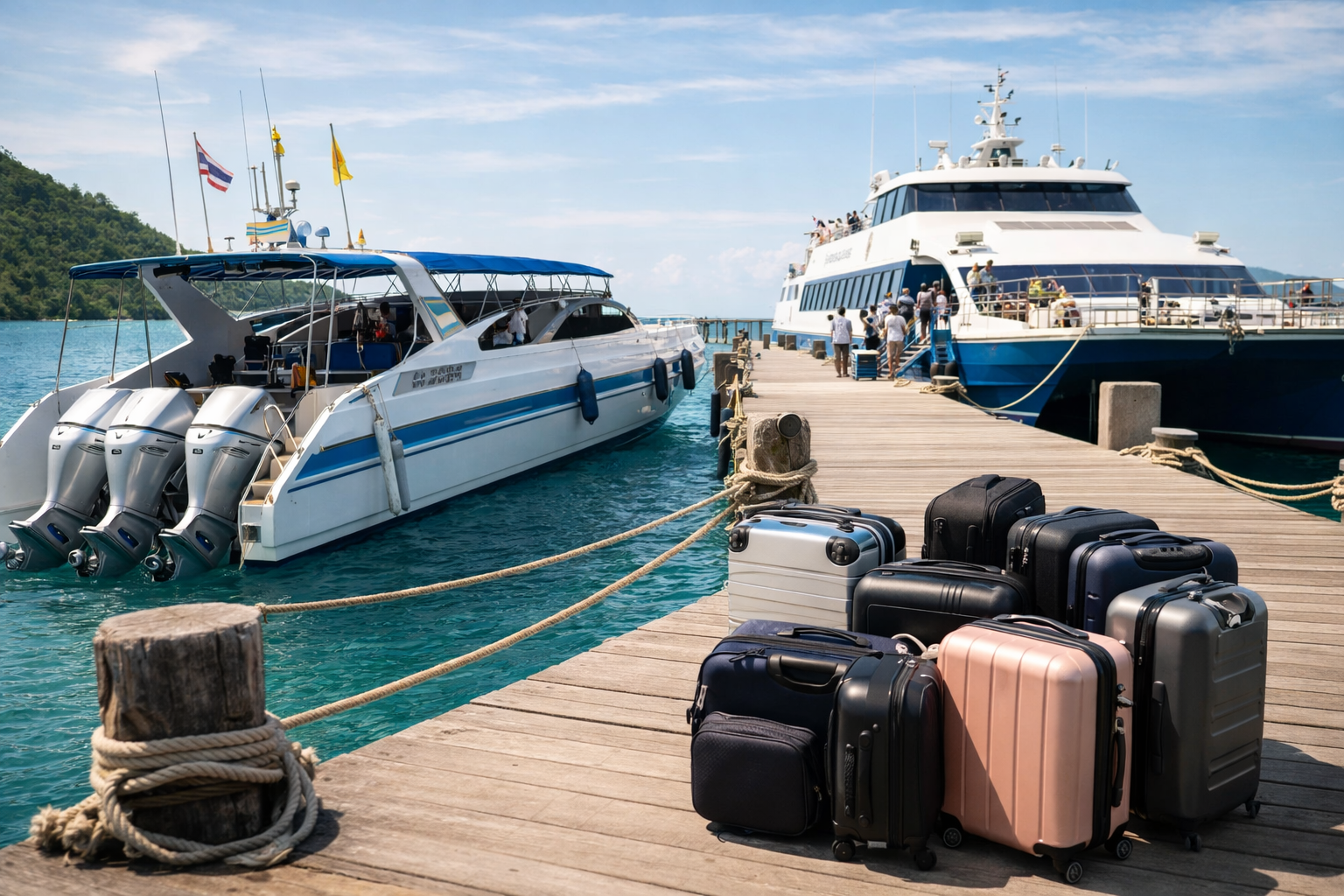 Speedboat and ferry at pier